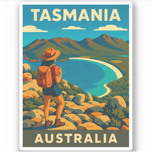 Retro Vintage Reizen Tasmanië Australië Landschap Sticker (Voorkant)
