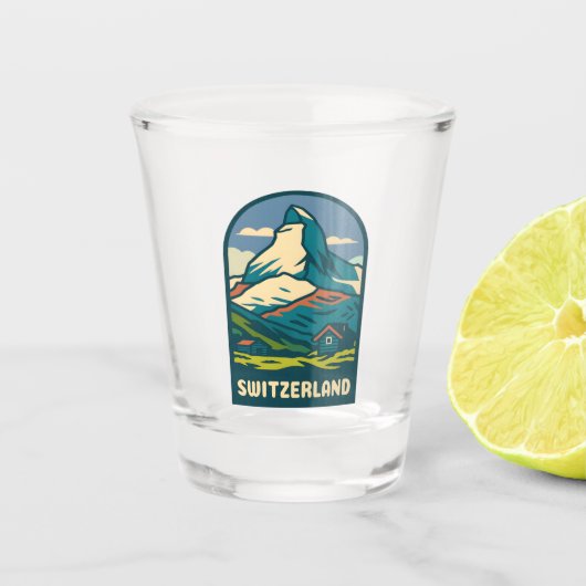 Retro Vintage Reizen Zwitserland Matterhorn Shot Glas (Voorkant)