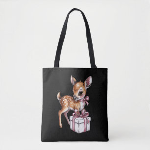 Retro Vintage Rendier Roze Kerst Baby Herten Tote Bag