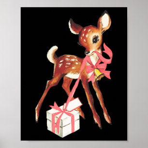 Retro Vintage Rendier Roze Kerst Door  Poster