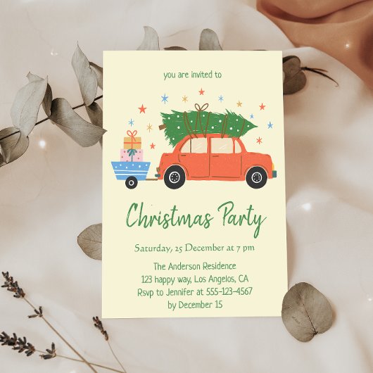 Retro Vintage Rode Auto Kerstfeest Uitnodiging