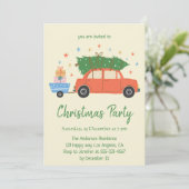 Retro Vintage Rode Auto Kerstfeest Uitnodiging (Staand voorkant)