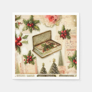 Retro Vintage Rood Groen Hulst Kerst Vakantie Servet