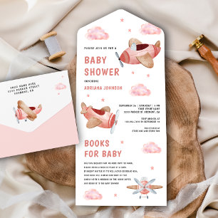 Retro Vintage Roze Vliegtuigen Baby Shower All In One Uitnodiging