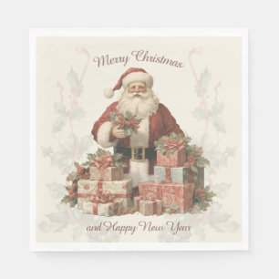 Retro Vintage Santa Holly Vrolijk Kerstfeest Servet