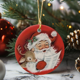 Retro Vintage Santa met Baby Rudolf Kerst Keramisch Ornament