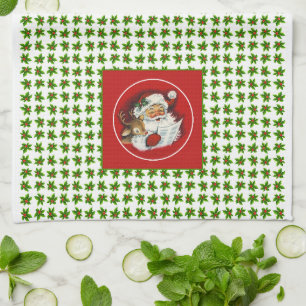 Retro Vintage Santa, Rendier en Holly Theedoek