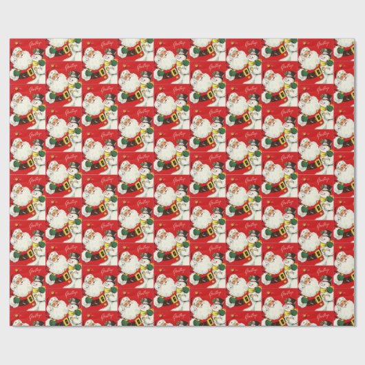 retro vintage Santa snewman Cadeaupapier (Vlak)