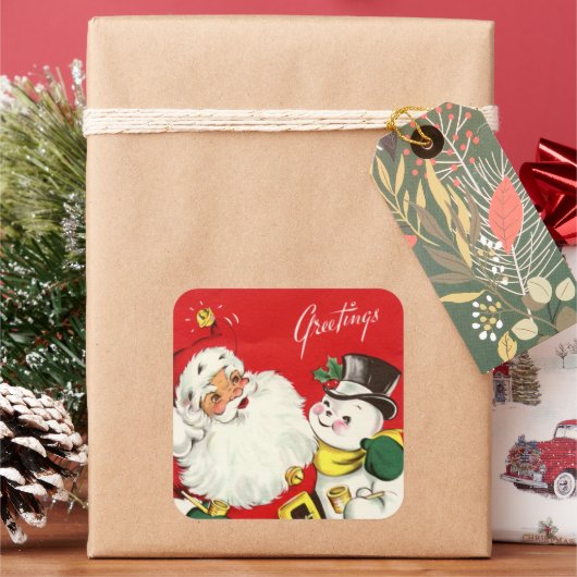 retro vintage Santa snewman Holiday Vierkante Sticker (Feestdagen)