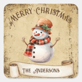 Retro Vintage Sneeuwman Kerstmis Vierkante Sticker