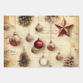 Retro Vintage Sterren Ornamenten Dennenappels Kers Inpakpapier Vel