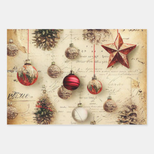 Retro Vintage Sterren Ornamenten Dennenappels Kers Inpakpapier Vel