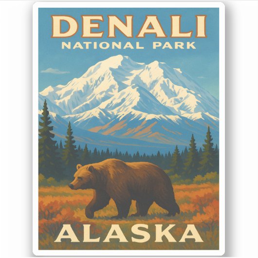 Retro Vintage Travel Denali Nationaal Park Alaska Sticker (Voorkant)