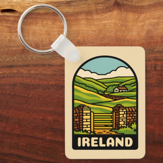 Retro Vintage Travel Ireland Platteland Schilderac Sleutelhanger (Voorkant)