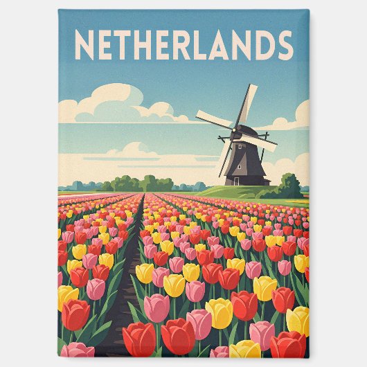 Retro Vintage Travel Netherlands Tulips Landscape Magneet (Voorkant)