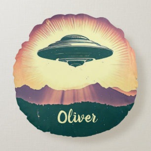 Retro Vintage UFO bij zonsondergang Persoonlijk Rond Kussen