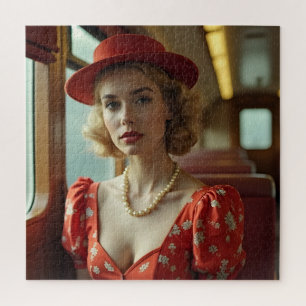 Retro vintage vrouw in trein legpuzzel