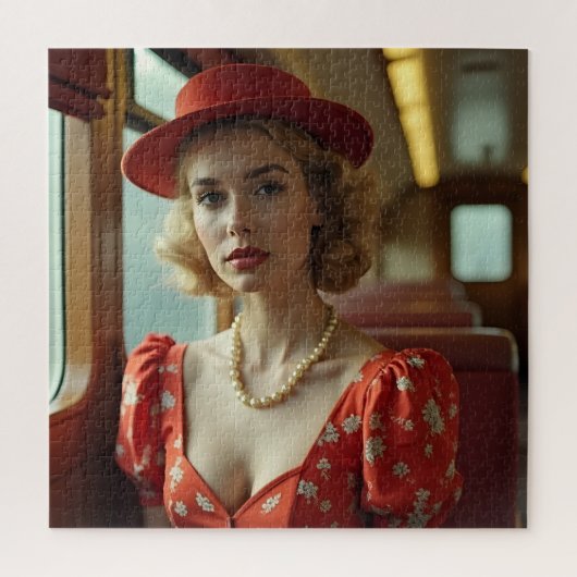 Retro vintage vrouw in trein legpuzzel (Verticaal)