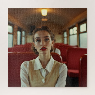 Retro vintage vrouw in trein legpuzzel