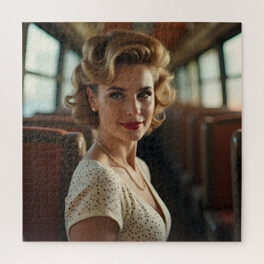 Retro vintage vrouw in trein legpuzzel (Verticaal)