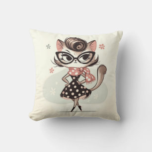 Retro Vintage Vrouwelijke Kitten Met Kattenbril Kussen
