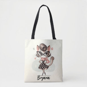 Retro Vintage Vrouwelijke Kitten Met Kattenbril Tote Bag