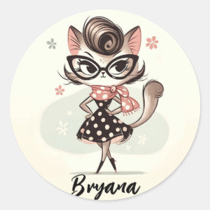 Retro Vintage Vrouwelijke Kitten Met Kattenoog Bri Ronde Sticker