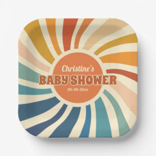 Retro Vintage Zon Regenboog Baby Shower Papieren Bordje