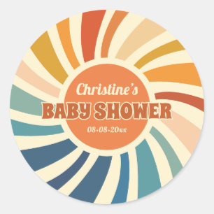 Retro Vintage Zon Regenboog Baby Shower Ronde Sticker
