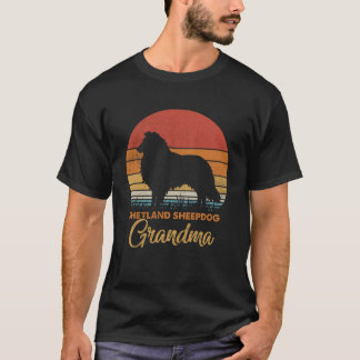 Retro Vintage Zonsondergang Shetland Sheepdog Oma T-shirt