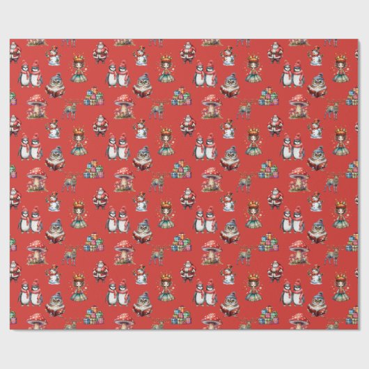 Retro Vinted Pinguïn Santa Fairy Kerstmis Cadeaupapier (Vlak)