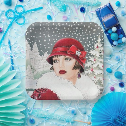 Retro vintonage dames met kerst papieren bordje (Feest)