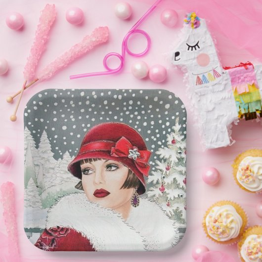 Retro vintonage dames met kerst papieren bordje (Feest)