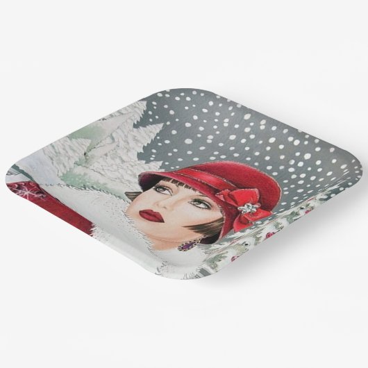 Retro vintonage dames met kerst papieren bordje (Gebogen)