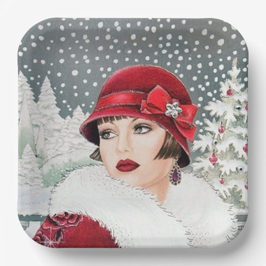 Retro vintonage dames met kerst papieren bordje (Voorkant)