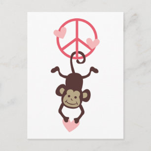 Retro Vinttage Hanging Peace Monkey - blauw of roz Briefkaart