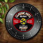 Retro Vinyl 45 Record gepersonaliseerde wandklok<br><div class="desc">Fun,  gepersonaliseerde retro-muziekventilator aangepaste wandklok! Behalve de aantallen,  is alle tekst op dit ontwerp in een vorm van de sjabloon. Verander al tekst of laat wat zoals is,  voor het perfecte gepersonaliseerde,  retro 45 vinyl muziekopname!</div>