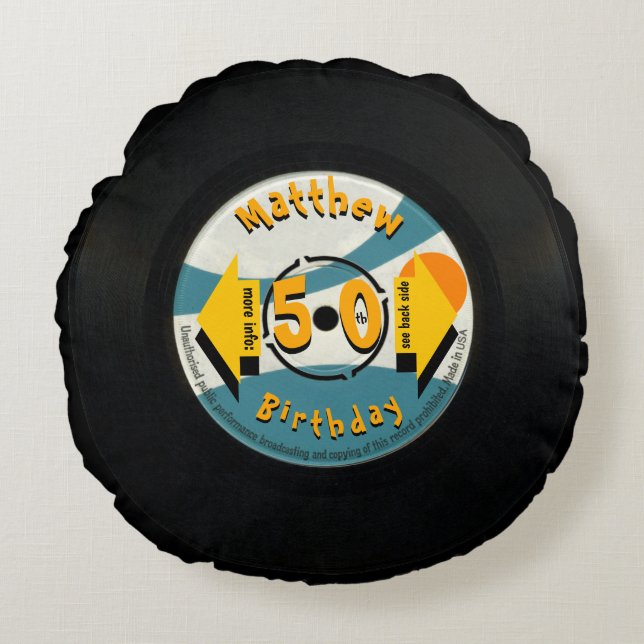 Retro Vinyl 50th Birthday gepersonaliseerd Nap Pil Rond Kussen (Voorkant)