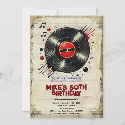 Retro vinyl birthday party invitation kaart (Voorkant)