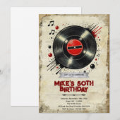 Retro vinyl birthday party invitation kaart (Voorkant / Achterkant)