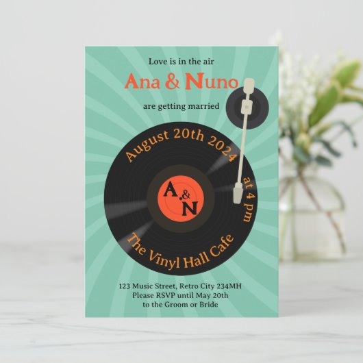 Retro Vinyl bruiloft uitnodiging (Staand voorkant)