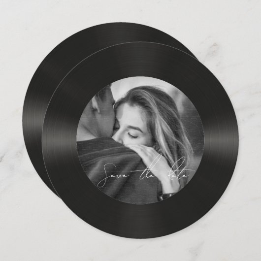 Retro vinyl plat foto bruiloft save the date (Voorkant / Achterkant)