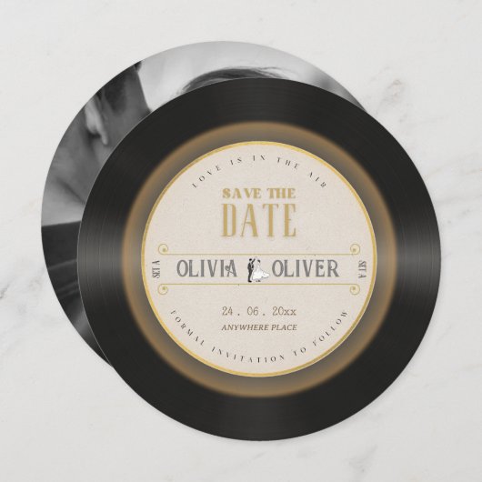 Retro vinyl plat foto bruiloft save the date (Voorkant / Achterkant)