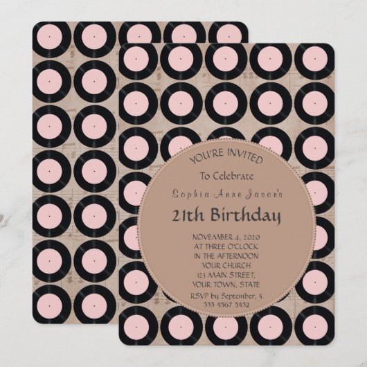 Retro Vinyl Record Birthday Party Invitation Kaart (Voorkant / Achterkant)