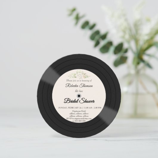 Retro Vinyl Record bloemen bruids douche uitnodigi Kaart (Staand voorkant)