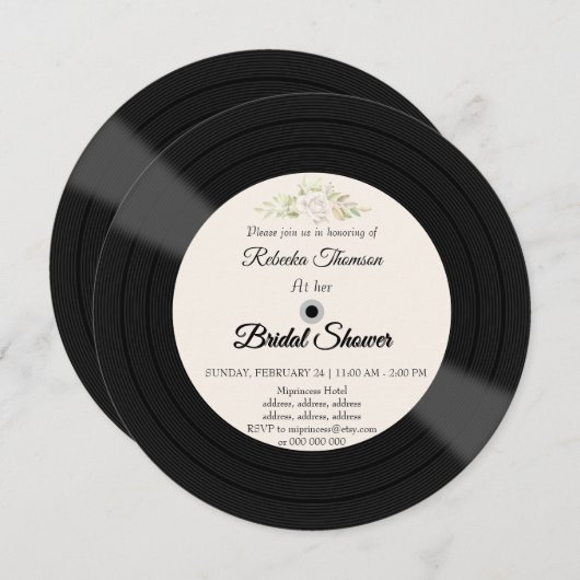 Retro Vinyl Record bloemen bruids douche uitnodigi Kaart (Voorkant / Achterkant)