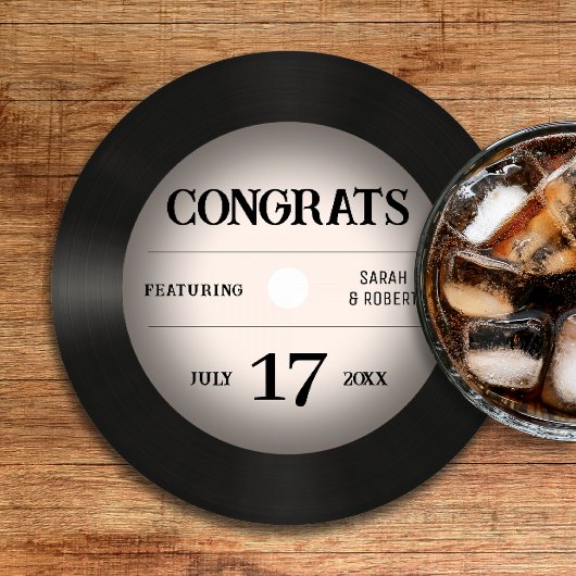 Retro Vinyl Record Bruiloft Gefeliciteerd Ronde Kartonnen Onderzetter