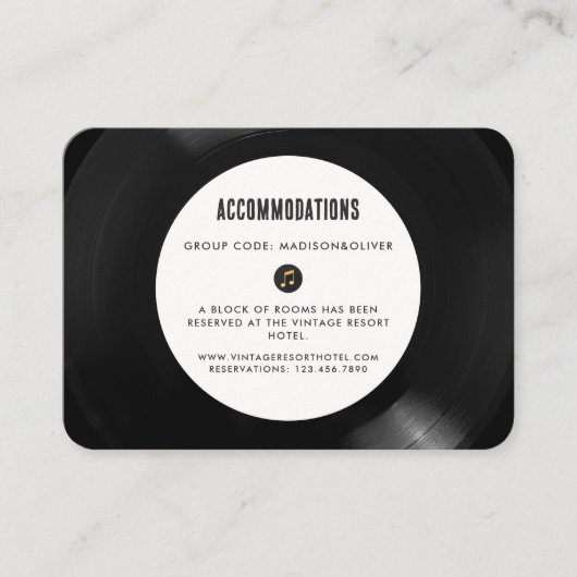 Retro Vinyl Record Bruiloft Hotel Accommodatie Informatiekaartje (Voorkant)