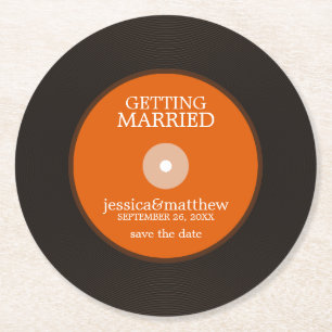 Retro Vinyl Record Bruiloft Save the Date Bruiloft Ronde Kartonnen Onderzetter