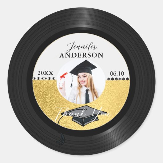 Retro Vinyl Record Foto Afstuderen Dank u Ronde Sticker (Voorkant)